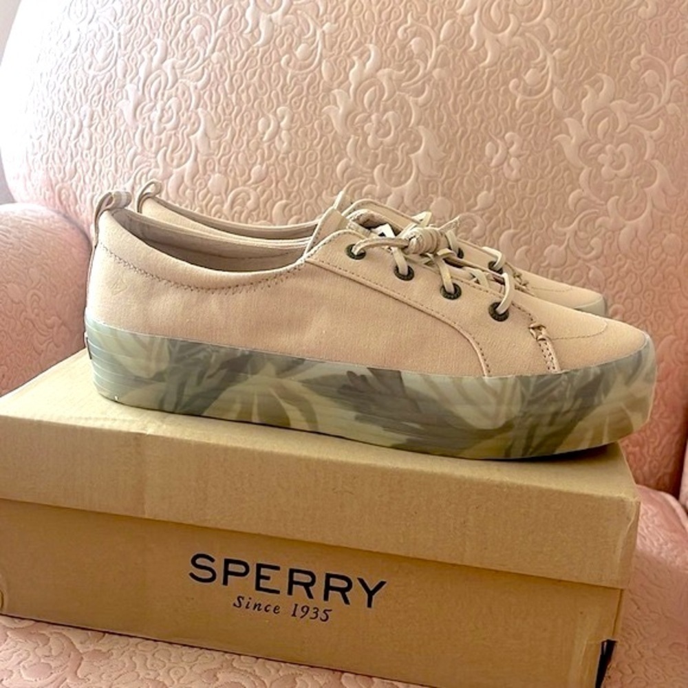 Brand New Sperry Crest Vibe Platform Sneakers Beige Green Leaf Tropical Neutral - Picture 7 of 16